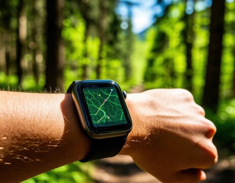 A fitness bracelet displaying health data, photographed in a lush forest.