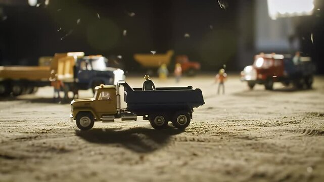 Miniature construction site scene featuring several toy dump trucks and tiny figures