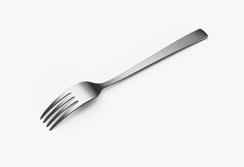 A sleek stainless steel fork with a reflective finish and a slightly curved handle. 3D Illustration