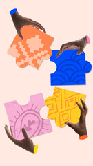 Stylized digital collage. Artistic hands hold abstract patterned puzzle pieces on a soft...