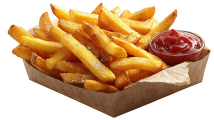 Golden fries with ketchup in cardboard container on transparent background