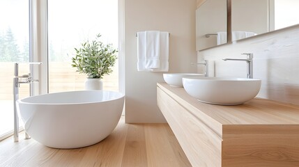 Modern Bathroom with Dual Sinks and Plant