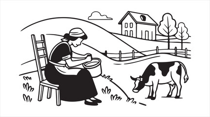 Farming scene featuring a woman in workwear handling milk collection, in clean linear design.