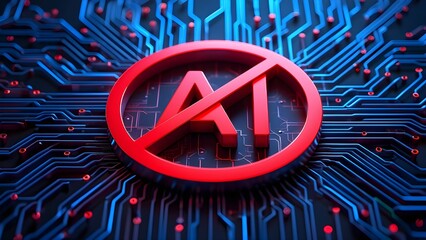 Red prohibition sign over ai text on a futuristic blue circuit board background