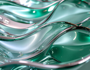 Wavy glass texture in soft emerald and silver tones, refracted light and blur effects, Ultra 4K