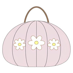 Charming pink rounded bag with white daisy flowers and a brown handle