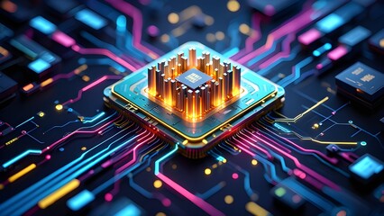 Futuristic glowing circuit board with central processor and neon data streams