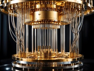 Intricate golden quantum computer chip with delicate wires and black background