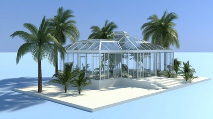 Fototapeta premium A white glass conservatory amidst lush tropical palms on a raised platform against a clear blue sky