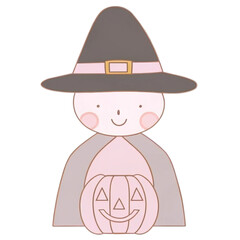 Cute cartoon witch holding a smiling jack o lantern for halloween