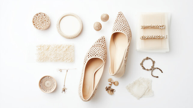 Elegant wedding shoes and accessories neatly arranged on a white background, exuding sophistication.
 - Powered by Adobe