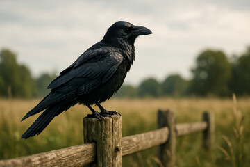 Majestic black crow perched on a wooden fence post