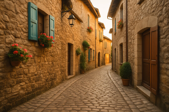 Charming cobblestone street in picturesque stone village at sunset