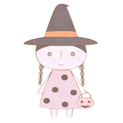 Cute cartoon witch with pumpkin candy bucket for halloween