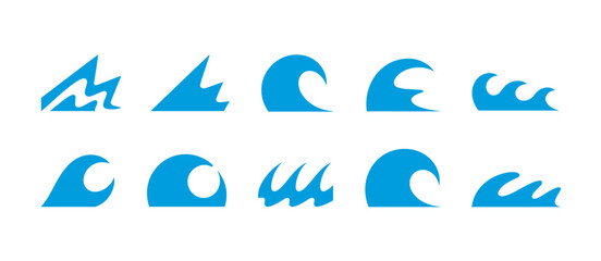 Blue wave vector set. Ocean wave illustrations, sea, water concept.  Water shapes collection.
