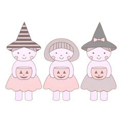 Three cute cartoon children in halloween costumes holding jack o lanterns