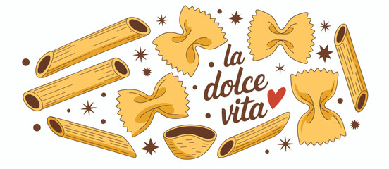 Pasta illustration: farfalle and penne with 'la dolce vita' Italian concept design