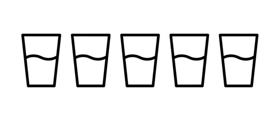 Five glasses with water, minimal style, half full, drink, refreshment, liquid, line art
