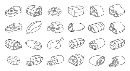 Meat cut set line art, assortment of steak, ham, sausage collection, meat cuts