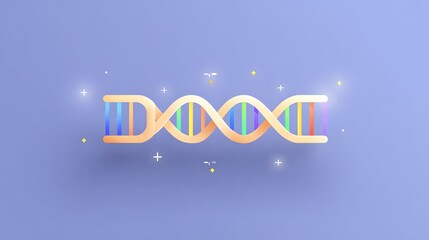 A stylized DNA double helix with colorful segments floating on a purple background, surrounded by small glowing geometric shapes.