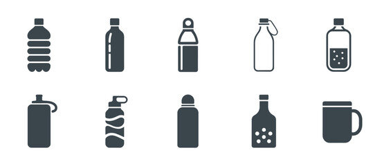 Set of ten drink container icons: water bottle, mug, flat design, refreshment, liquid