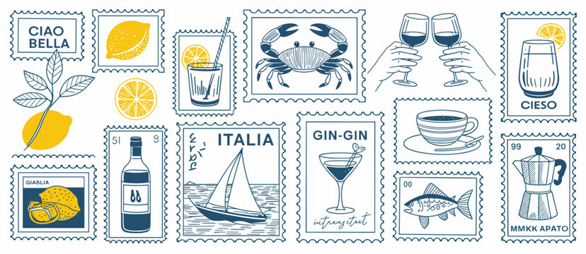 Italian theme postage stamps: lemons, wine, gin, coffee, sailboat, crab, fish