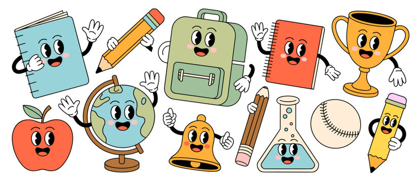 Cartoon school objects: notebook, pencil, globe, backpack, trophy with happy retro style