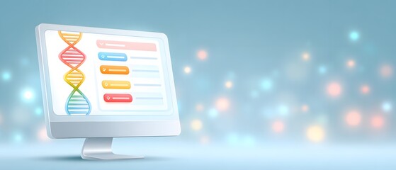 A digital monitor displays colorful DNA strands and data charts against a soft, bokeh-lit background, symbolizing genetics and bioinformatics.
