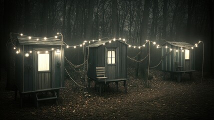 Rustic wooden cabins in a misty forest illuminated by string lights.