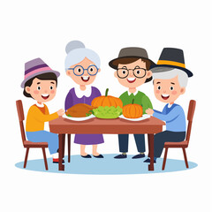 Family Gathering at the Dining Table: A heartwarming illustration of a multigenerational family gathered around a dining table laden with a Thanksgiving feast.