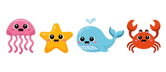 Cute sea animals cartoon characters: jellyfish, starfish, whale, and crab
