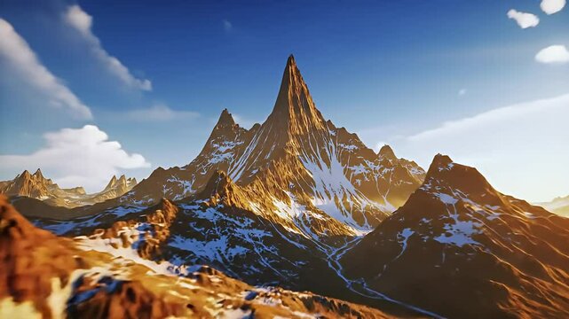 Majestic mountain range with snow patches under a bright sky and scattered clouds