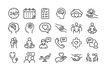 Mental Health & Therapy Vector Icon Set. Featuring 24/7 Care, Calendar, Counseling, Therapy, Communication, Stethoscope, Yoga, Support, and More. Vector Illustration. Editable Stroke.
