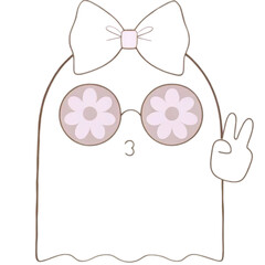 Whimsical ghost character with flower glasses and peace sign