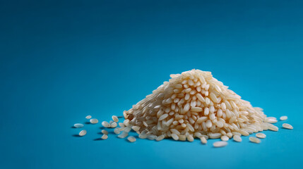 Rice crisis concept ,pile of uncooked rice grains on blue background, showcasing texture and color of rice