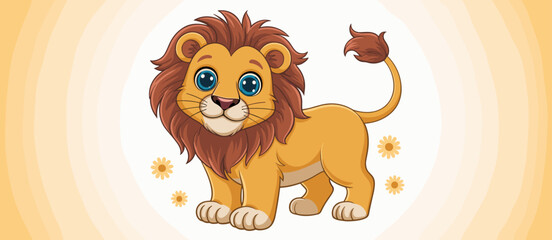 Cute cartoon lion character illustration with flowers, cheerful wildlife animal