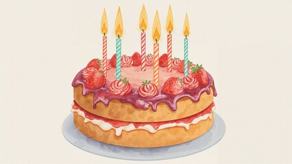 Festive watercolor birthday cake with lit candles