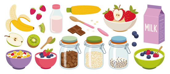 Healthy breakfast foods illustration: fruit, milk, cereal, ingredients for granola