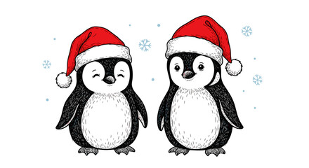 Two penguins wearing santa hats, cute winter christmas illustration