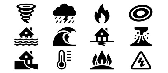 Natural disasters icons: tornado, flood, fire, earthquake, tsunami, global warming