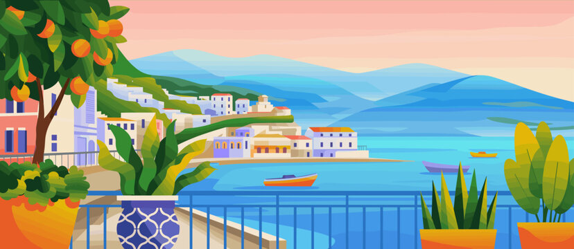 Coastal town illustration, vector design, seaside town, Italy, mediterranean, travel, tourism, summer, scenic, vacation