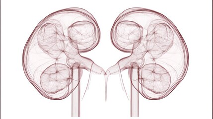 A stylized, translucent image depicting a pair of human kidneys, rendered in muted reddish-brown hues against a white background, showcasing intricate internal structures
