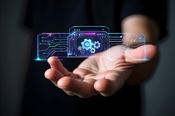 Person holding a futuristic holographic interface with gears and circuit board elements