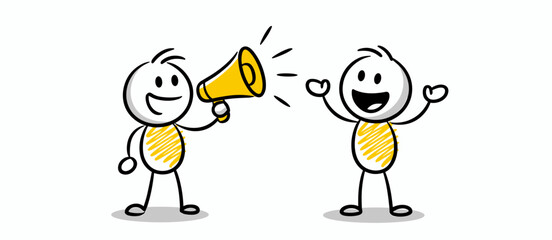 Two stick figures communicating with megaphone. Announcement concept, joy, promotion