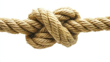 A close-up of a tightly woven knot in a thick, light brown rope, isolated on a white background