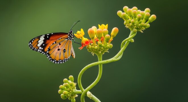 Orange butterfly feeding on yellow wildflowers on green stem