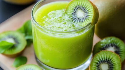 Refreshing Kiwi Smoothie: Vibrant Green Juice with Sliced Kiwi Garnish, Close-up Photography