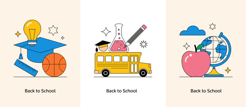 Back to school concept with bus, globe, hat, education icons in flat vector