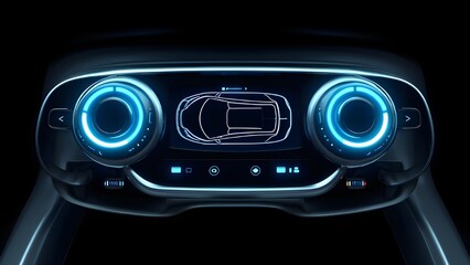 Futuristic car dashboard with glowing blue digital displays and controls