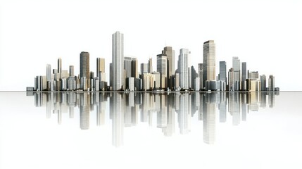 A detailed digital rendering of a modern city skyline reflected in still water against a white background